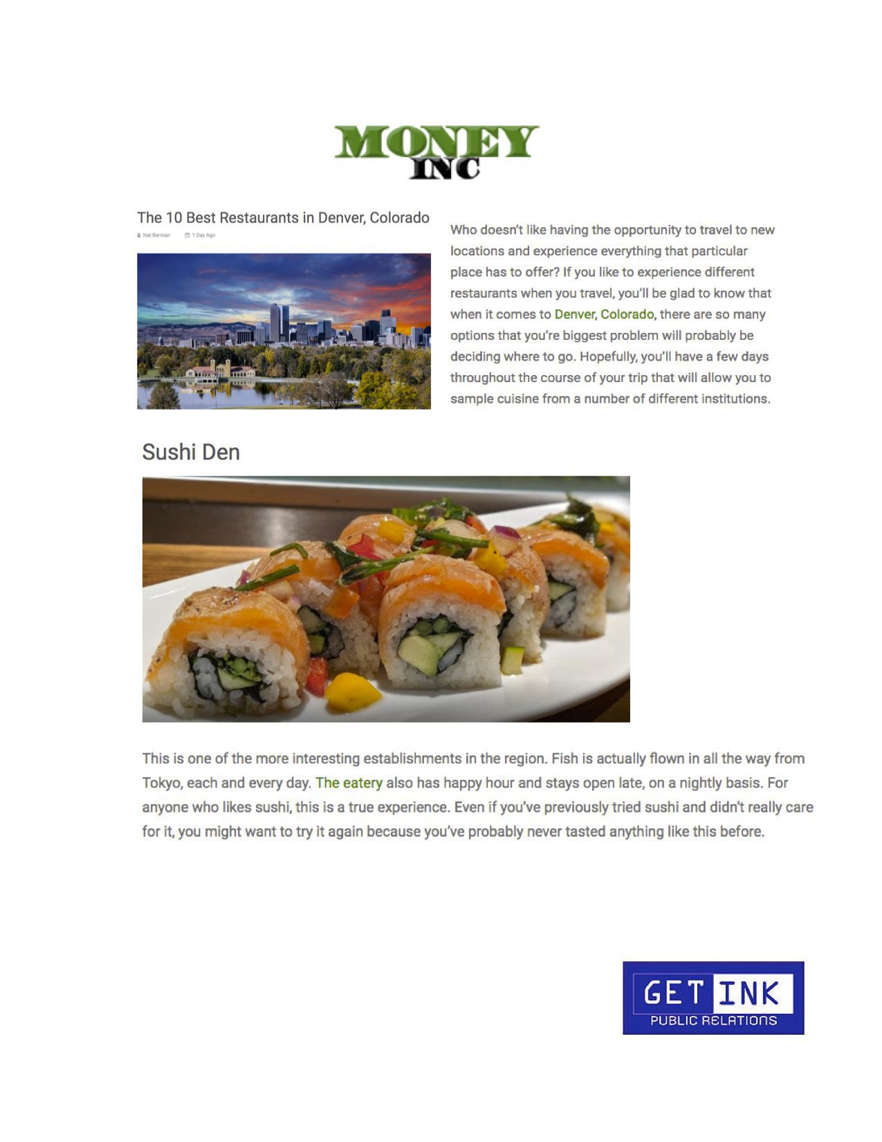 Best restaurant Denver Sushi Den in Money Inc - Get Ink Pr clients