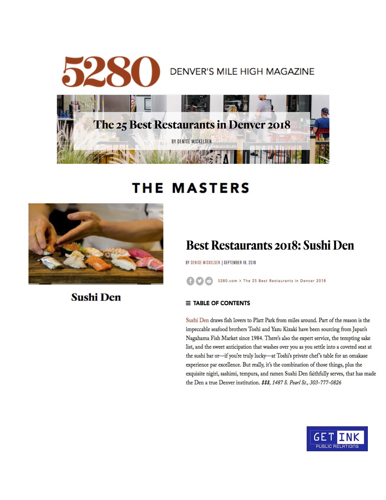 Best restaurant Denver Sushi Den in 5280 Magazine - Get Ink Pr clients